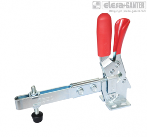 GN 810.3 Vertical acting toggle clamps steel, operating lever vertical, with safety hook, with horizontal mounting base, with extended clamping arm