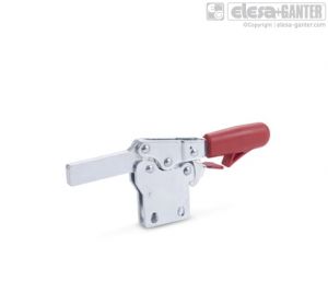 GN 820.4 Horizontal acting toggle clamps steel, operating lever horizontal, with safety hook, with vertical mounting base, with extended clamping arm