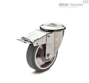 RE.F5-FXF-SST-N-ESD Castors with stainless steel bracket Turning plate bracket and centre pass-through hole, with brake