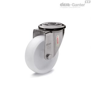 RE.F8-FBL-SST-N Monolithic castor wheels with stainless steel bracket Turning plate bracket and centre pass-through hole, without brake