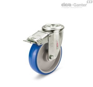 RE.F1-FBF-SST-N Ruedas monolíticas con soporte de acero INOX Soporte giratorio y agujero pasante, con freno