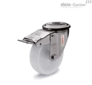 RE.F8-FBF-SST-N Monolithic castor wheels with stainless steel bracket Turning plate bracket and centre pass-through hole, with brake