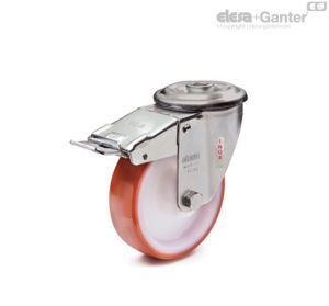 RE.FF-FBF-SST-N Ruedas monolíticas con soporte de acero INOX Soporte giratorio y orificio pasante, con freno, acero inoxidable