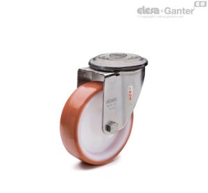 RE.FF-FBL-SST-N Ruedas monolíticas con soporte de acero INOX Soporte giratorio y orificio pasante, sin freno, acero inoxidable