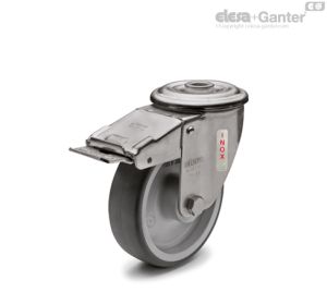 RE.G1-FBF-N-SST Ruedas monolíticas con soporte de acero INOX Soporte giratorio y orificio pasante, con freno, acero inoxidable
