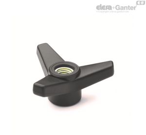VB.639-FP-SST Pomos de tres brazos Inserto de acero inoxidable, agujero roscado pasante